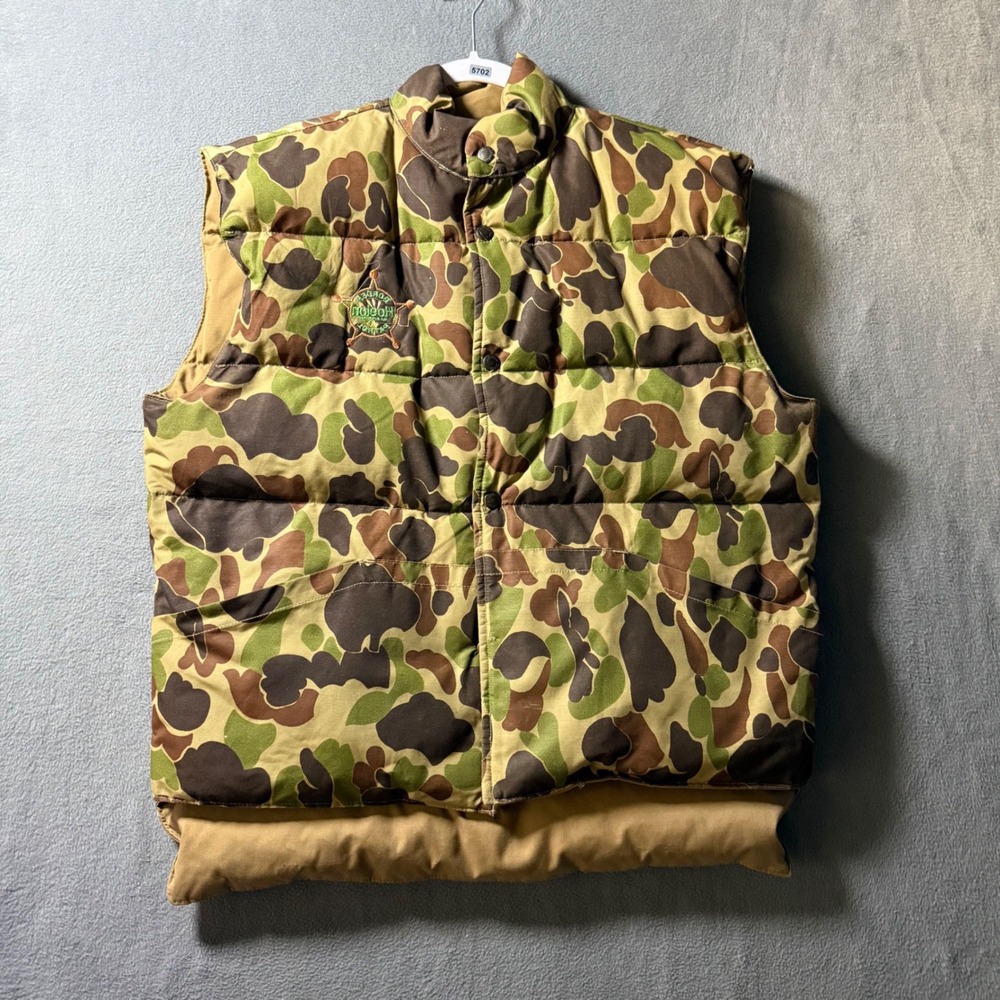 Vintage Cabelas Duck Camo Down Puffer Vest Mens Large Brown Green Snap Front